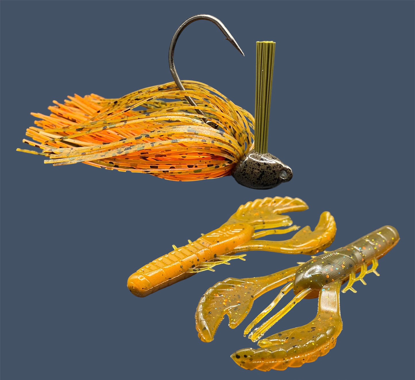 Fishing lure bundle with a high-quality jig and soft plastic bait, perfect for bass fishing with a variety of soft plastic lures. Shown here in color Pumpkin Spice (Green Pumpkin over Orange) is a hand tied green pumpkin flipping jig paired with Big League Bait Commotion Craw (Craw style soft plastic bait)