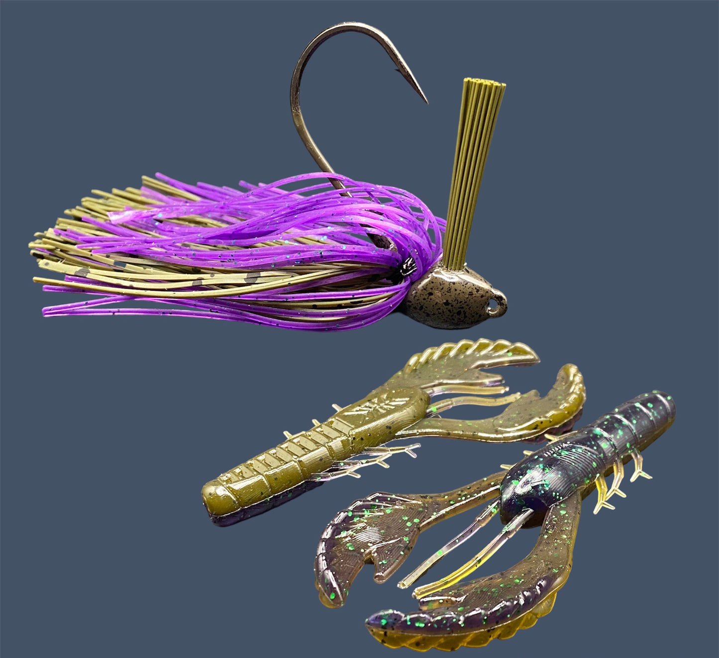 Fishing lure bundle with a high-quality jig and soft plastic bait, perfect for bass fishing with a variety of soft plastic lures. Shown here in color Swamp Juice (Purple over Green Pumpkin) is a hand tied green pumpkin flipping jig paired with Big League Bait Commotion Craw (Craw style soft plastic bait)