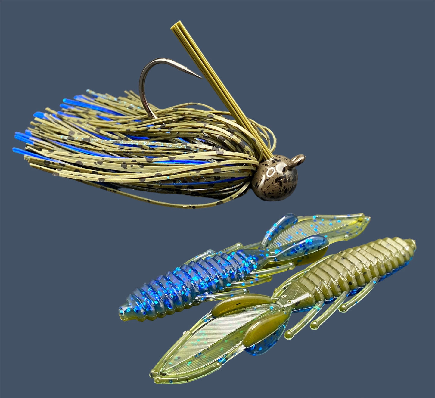 Fishing lure bundle with a high-quality jig and soft plastic bait, perfect for bass fishing with a variety of soft plastic lures. Shown here in color Big "O" (Green Pumpkin and Blue Flake) is a hand tied green pumpkin football jig paired with Big League Bait Bed Wrecker (Creature style bait with pull apart appendages)