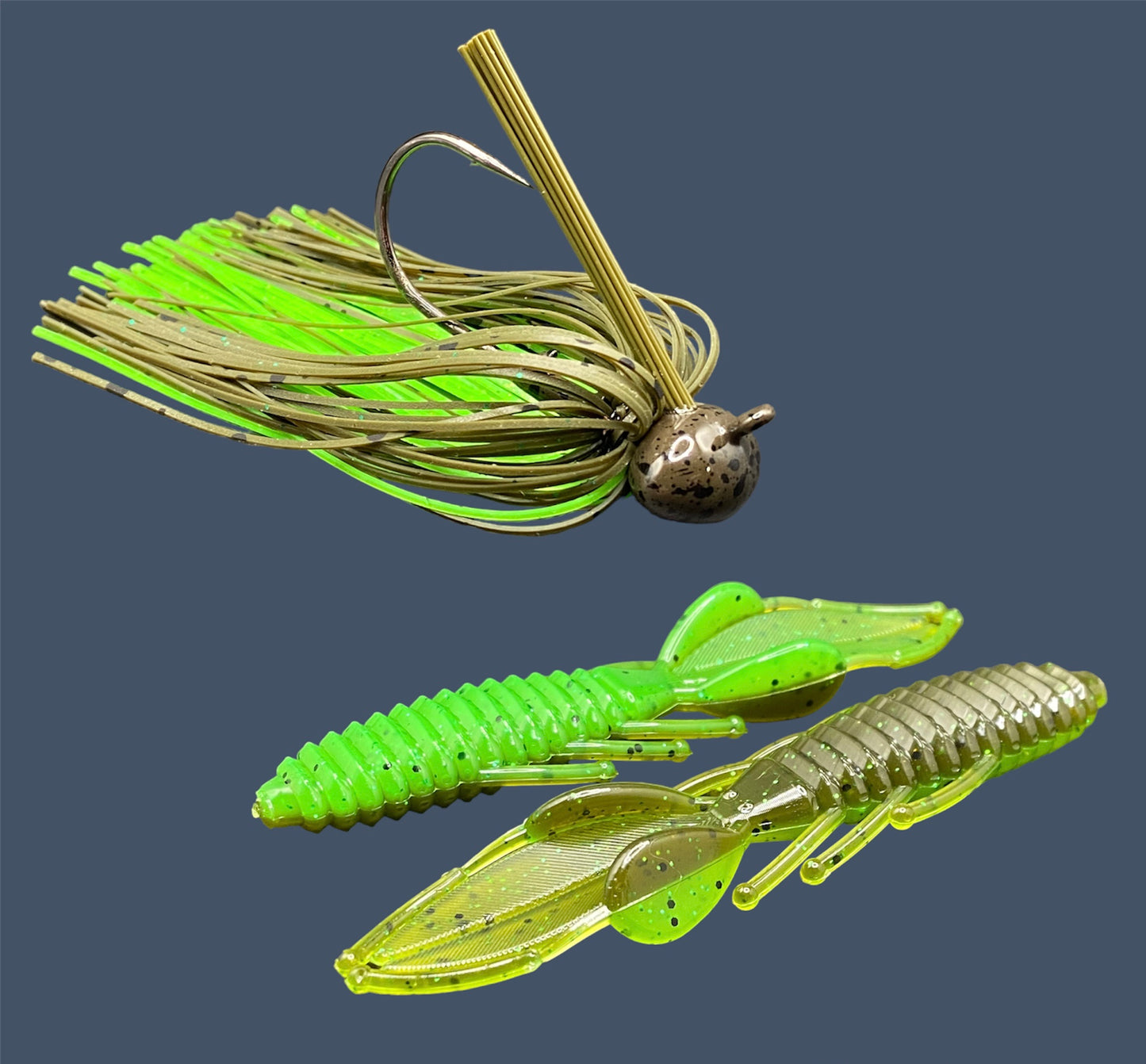 Fishing lure bundle with a high-quality jig and soft plastic bait, perfect for bass fishing with a variety of soft plastic lures. Shown here in color Envy (Green Pumpkin over Green) is a hand tied green pumpkin football jig paired with Big League Bait Bed Wrecker (Creature style bait with pull apart appendages)