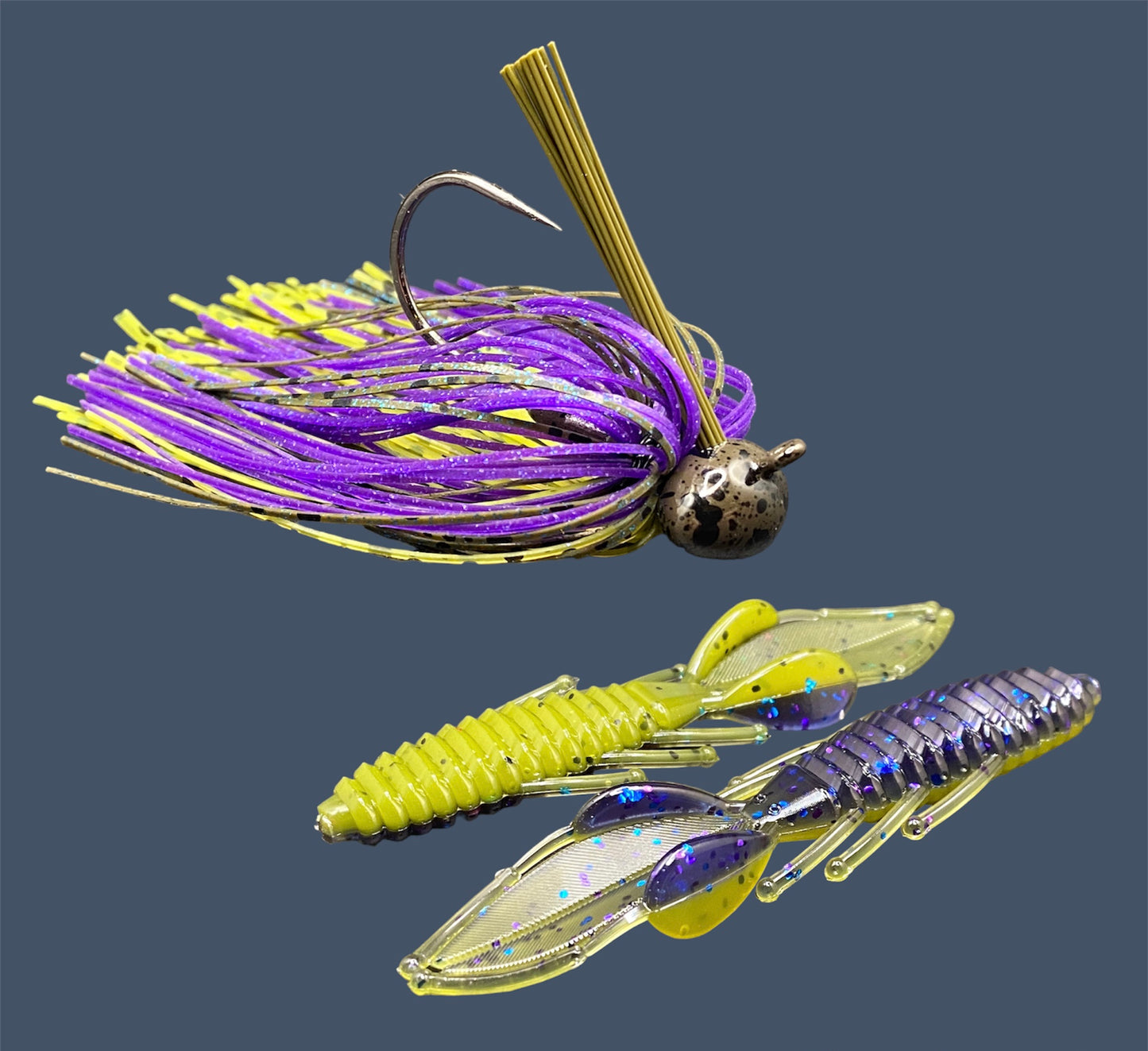 Fishing lure bundle with a high-quality jig and soft plastic bait, perfect for bass fishing with a variety of soft plastic lures. Shown here in color Luau (Purple over Banana Seed) is a hand tied Green Pumpkin football jig paired with Big League Bait Bed Wrecker (Creature style bait with pull apart appendages)