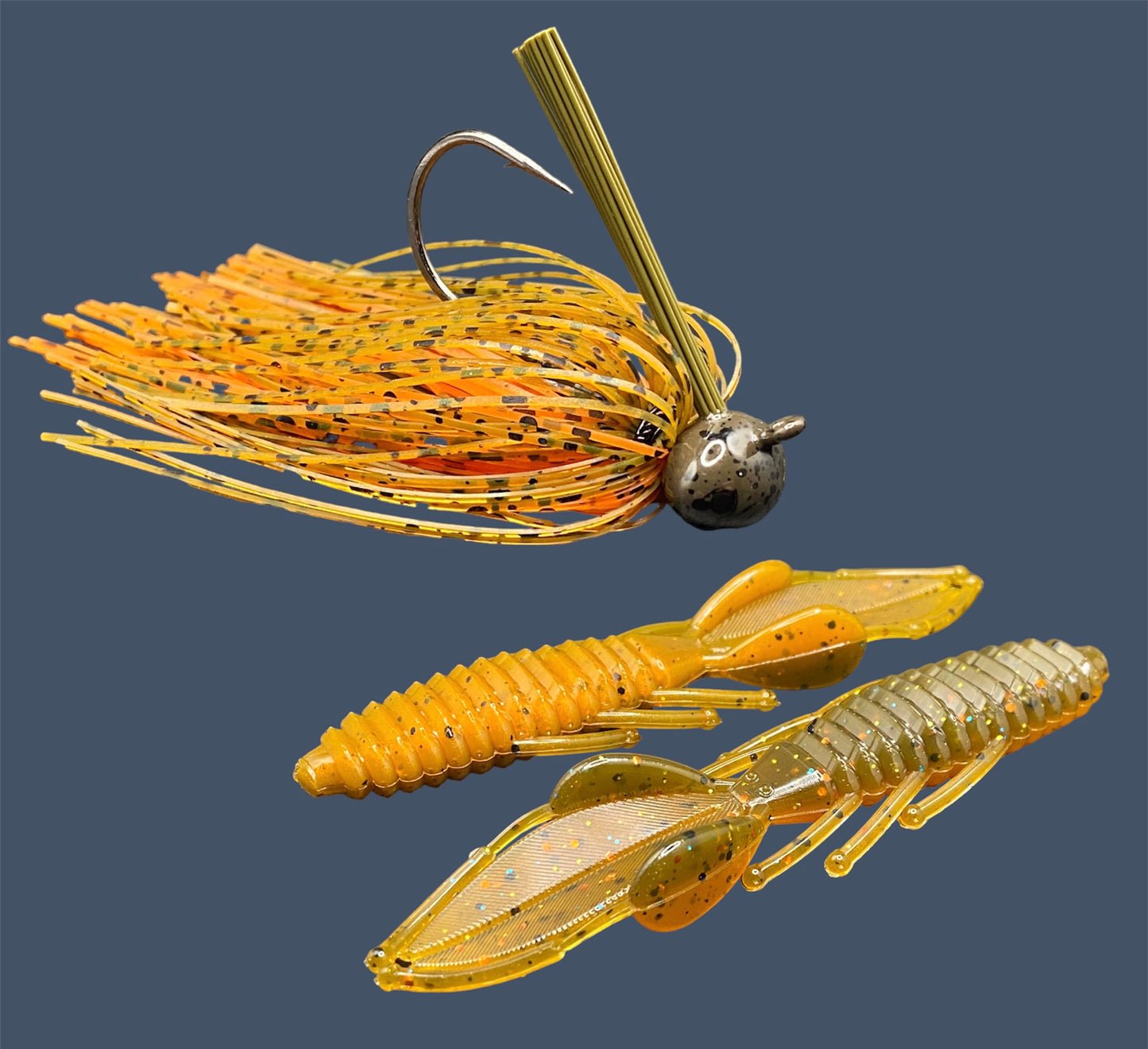 Fishing lure bundle with a high-quality jig and soft plastic bait, perfect for bass fishing with a variety of soft plastic lures. Shown here in color Pumpkin Spice (Green Pumpkin over Orange) is a hand tied green pumpkin football jig paired with Big League Bait Bed Wrecker (Creature style bait with pull apart appendages)