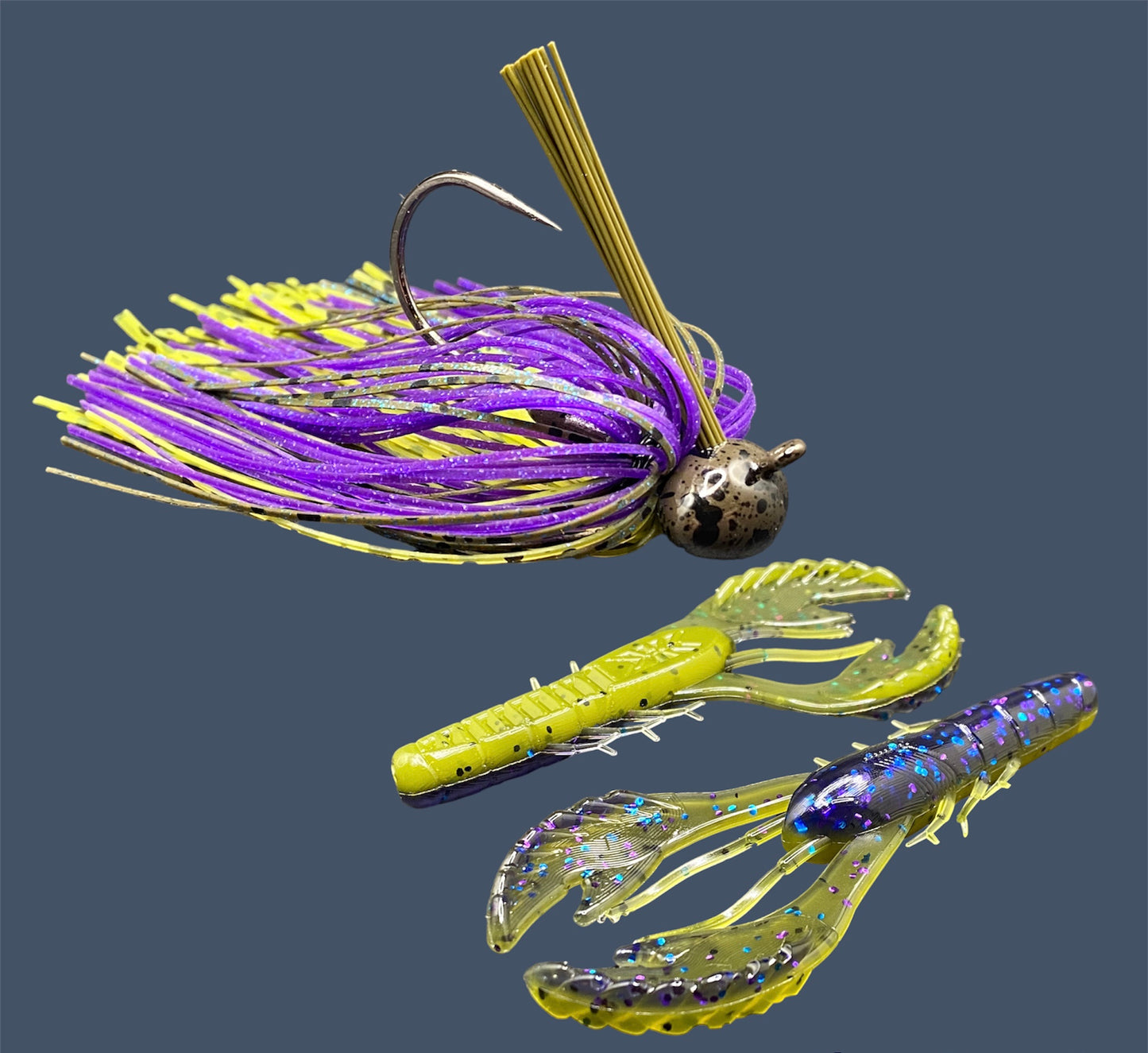 Fishing lure bundle with a high-quality jig and soft plastic bait, perfect for bass fishing with a variety of soft plastic lures. Shown here in color Luau (Purple over Banana Seed) is a hand tied green pumpkin football jig paired with Big League Bait Commotion Craw (Craw style soft plastic bait)