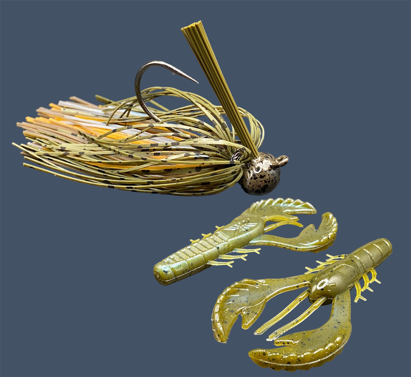 Fishing lure bundle with a high-quality jig and soft plastic bait, perfect for bass fishing with a variety of soft plastic lures. Shown here in color Magic Craw (Green Pumpkin and Blue) is a hand tied green pumpkin football jig paired with Big League Bait Commotion Craw (Craw Style Soft Plastic Bait)