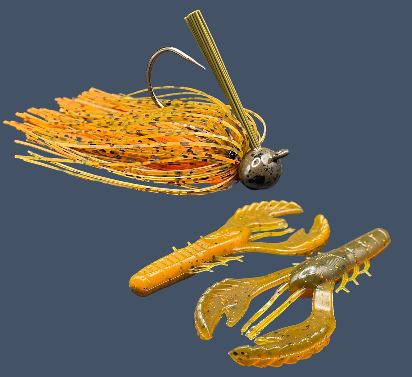 Fishing lure bundle with a high-quality jig and soft plastic bait, perfect for bass fishing with a variety of soft plastic lures. Shown here in color Pumpkin Spice (Green Pumpkin over Orange) is a hand tied green pumpkin football jig paired with Big League Bait Commotion Craw (Craw style soft plastic bait)