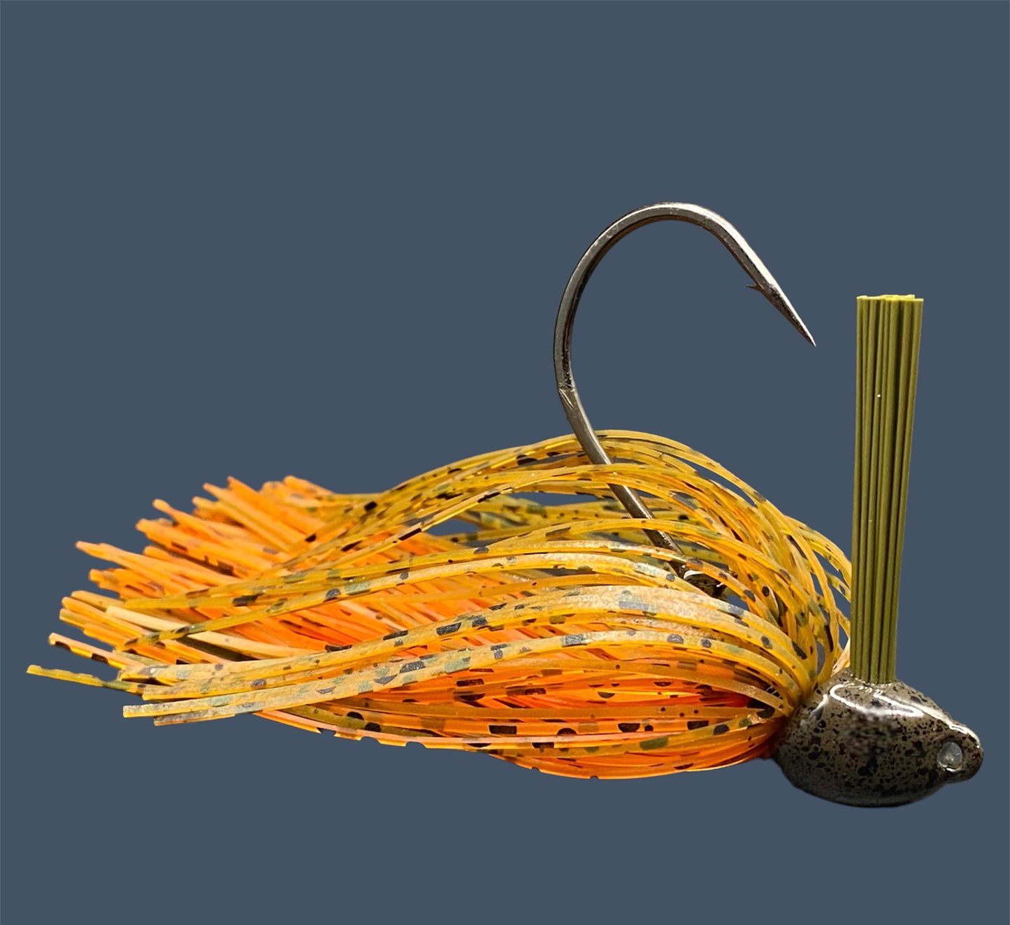 Flipping Jig in Pumpkin Spice, showcasing the aggressive angled heads, Mustad Hook and fiber weed guards for effective fishing in diverse conditions.