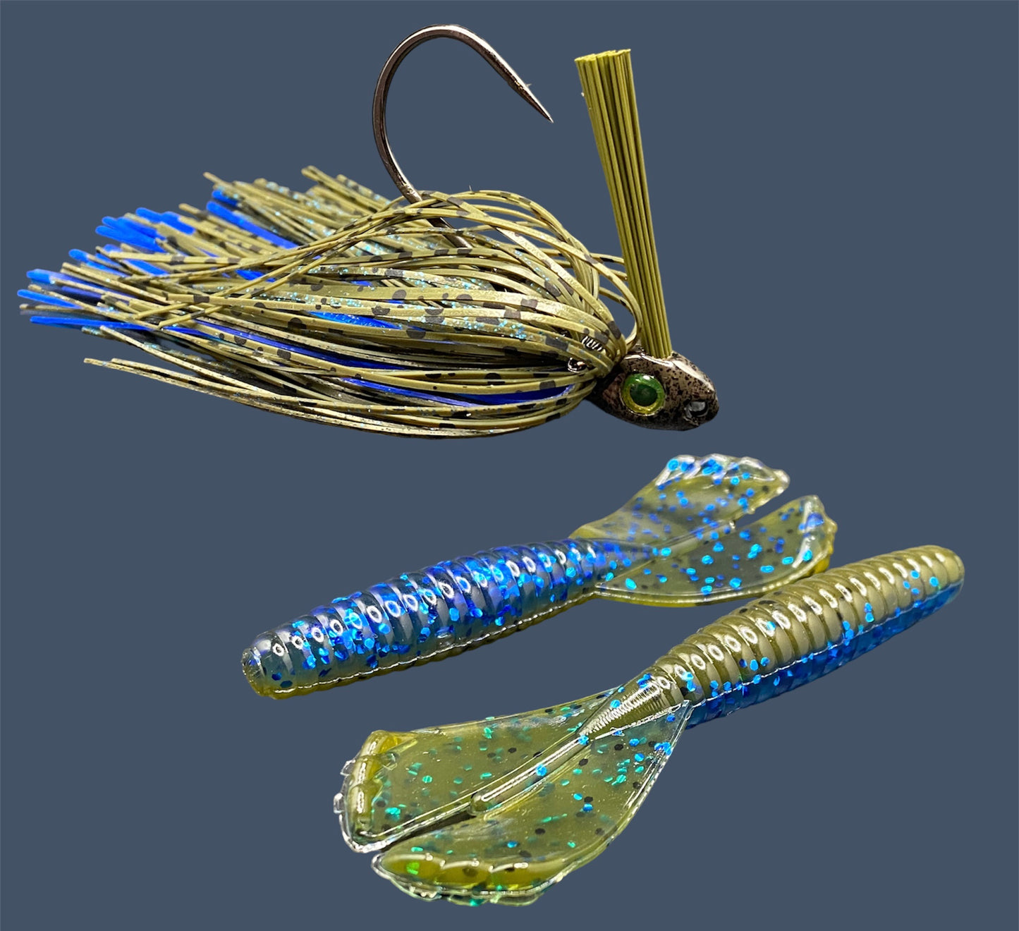 Fishing lure bundle with a high-quality jig and soft plastic bait, perfect for freshwater and saltwater fishing with a variety of soft plastic lures. Shown here in color Big "O" (Green Pumpkin and Blue Flake) is a hand tied Green Pumpkin swim jig paired with Big League Bait Grub 3.5"