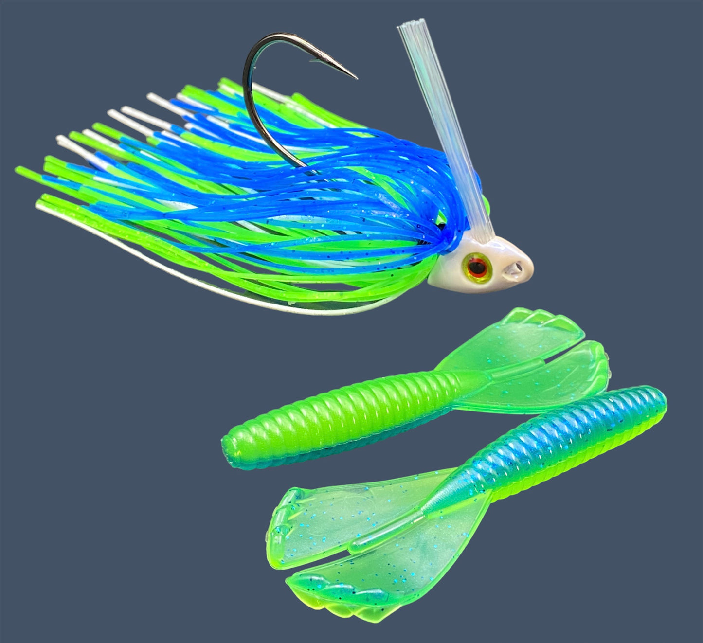 Fishing lure bundle with a high-quality jig and soft plastic bait, perfect for freshwater and saltwater fishing with a variety of soft plastic lures. Shown here in color Blue Chartreuse (Bright Blue and Green) is a hand tied white swim jig paired with Big League Bait Grub 3.5"