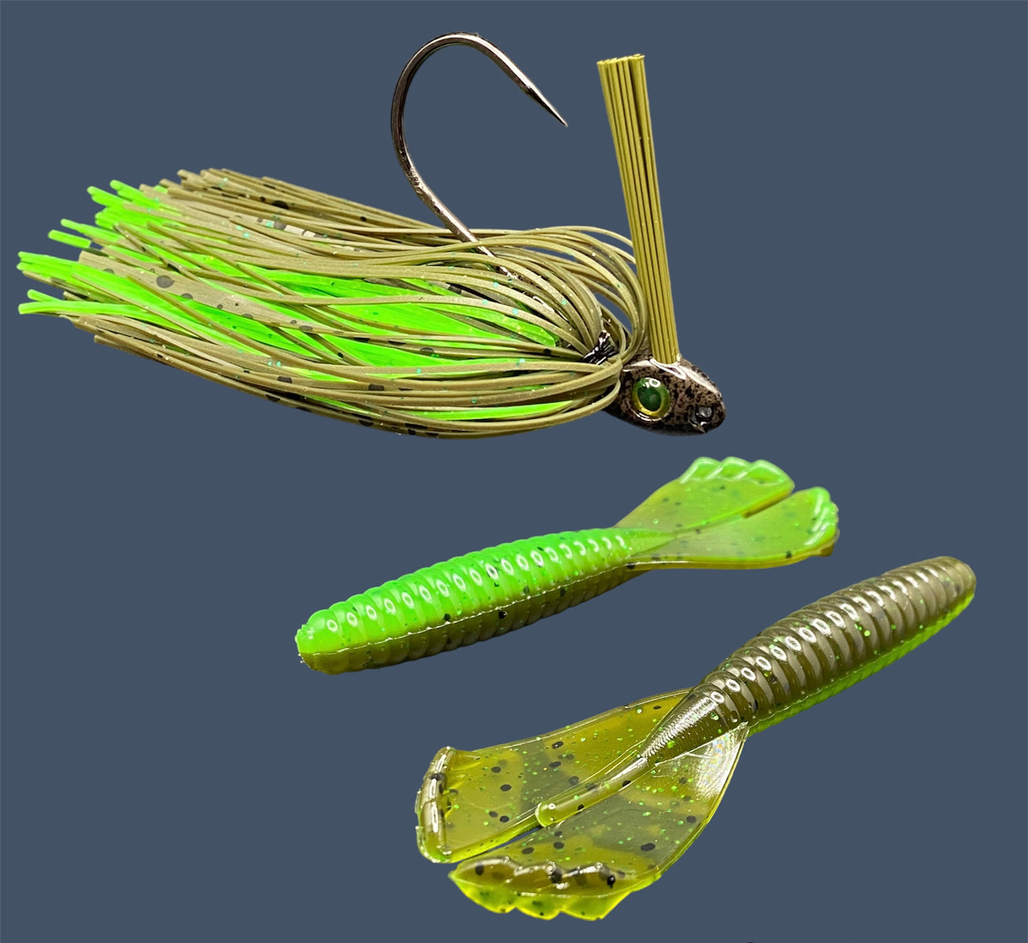 Fishing lure bundle with a high-quality jig and soft plastic bait, perfect for freshwater and saltwater fishing with a variety of soft plastic lures. Shown here in color Envy (Green Pumpkin over Green) is a hand tied Green Pumpkin swim jig paired with Big League Bait Grub 3.5"