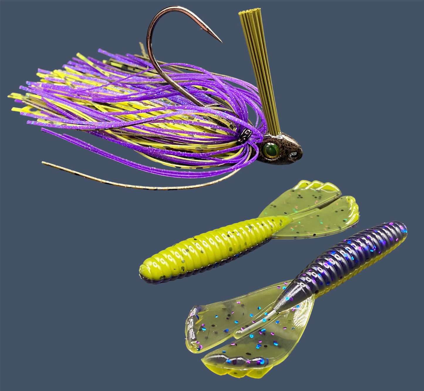 Fishing lure bundle with a high-quality jig and soft plastic bait, perfect for freshwater and saltwater fishing with a variety of soft plastic lures. Shown here in color Luau (Purple over Banana Seed) is a hand tied Green Pumpkin swim jig paired with Big League Bait Grub 3.5"