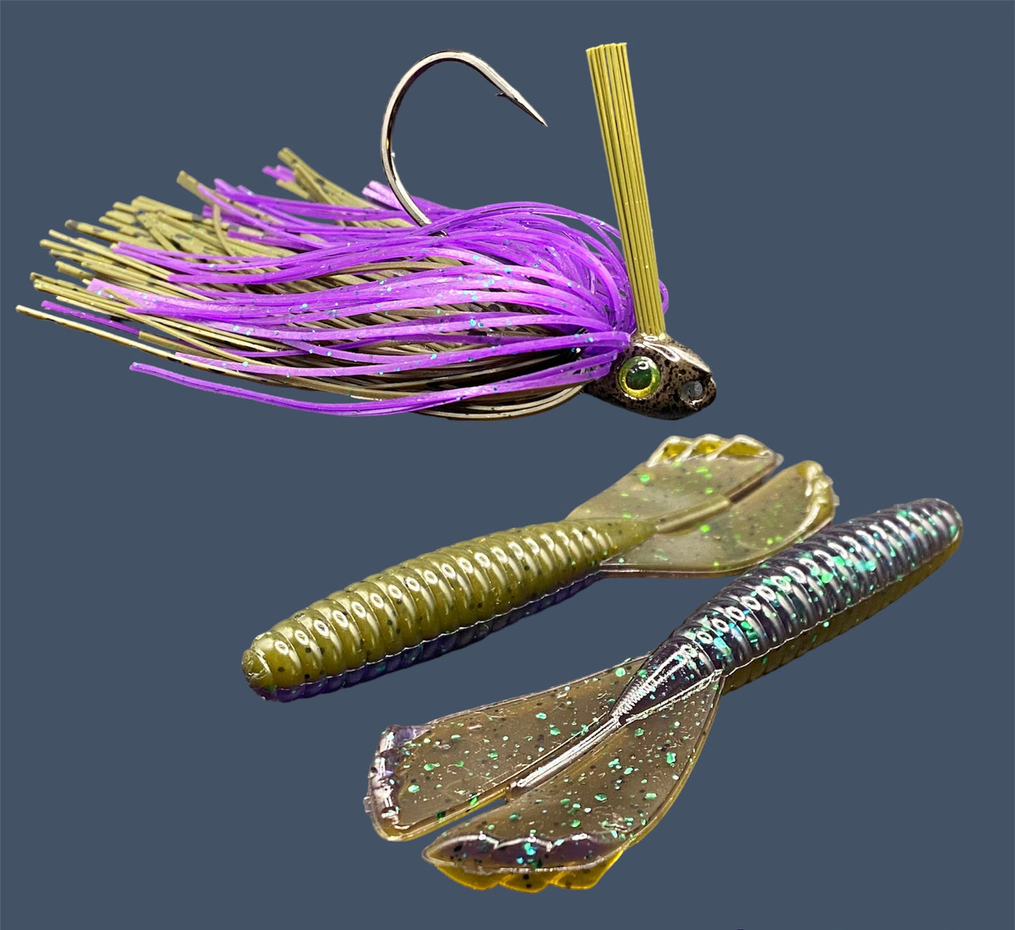 Fishing lure bundle with a high-quality jig and soft plastic bait, perfect for freshwater and saltwater fishing with a variety of soft plastic lures. Shown here in color Swamp Juice (Purple over Green Pumpkin) is a hand tied Green Pumpkin swim jig paired with Big League Bait Grub 3.5"