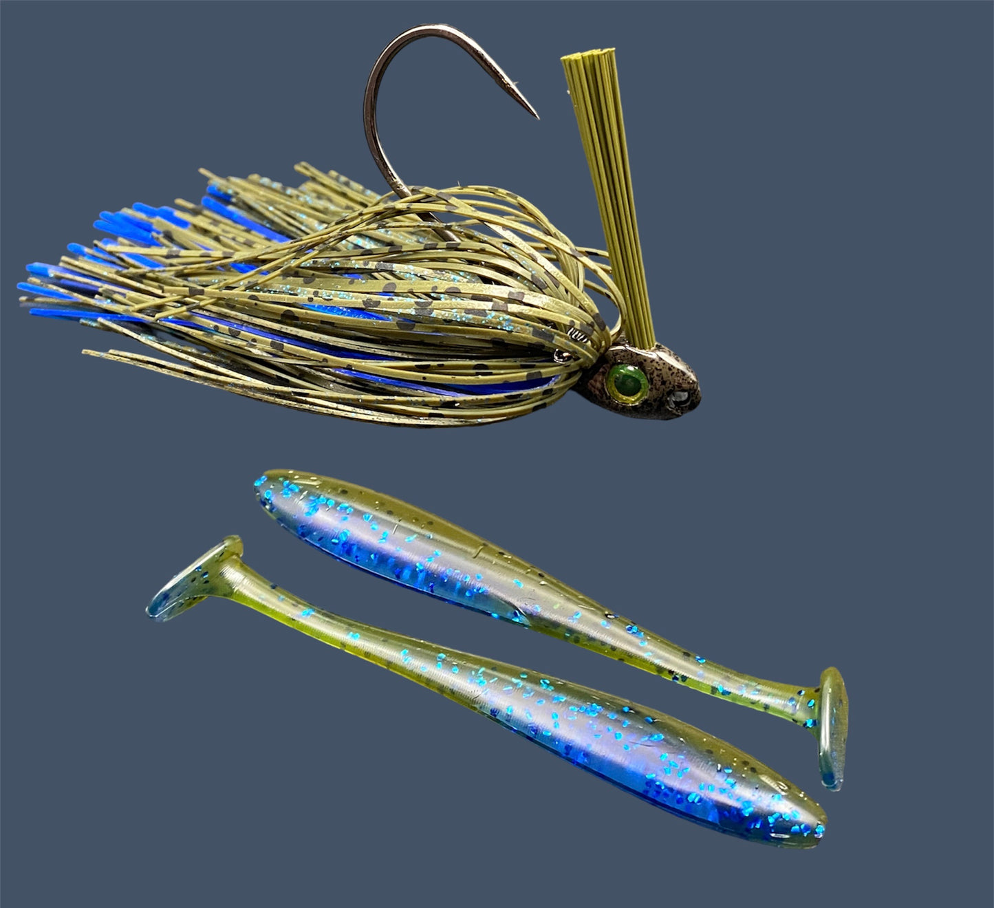 Fishing lure bundle with a high-quality jig and soft plastic bait, perfect for freshwater and saltwater fishing with a variety of soft plastic lures. Shown here in color Big "O" (Green Pumpkin and Blue Flake) is a hand tied Green Pumpkin swim jig paired with Big League Bait Pro Swim (Swim bait style soft plastic lure)