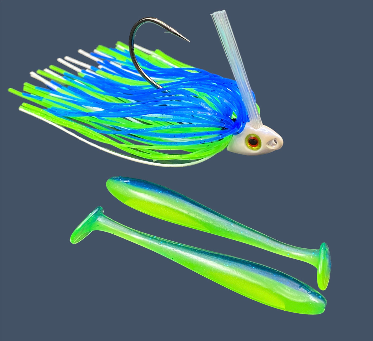 Fishing lure bundle with a high-quality jig and soft plastic bait, perfect for freshwater and saltwater fishing with a variety of soft plastic lures. Shown here in color Blue Chartreuse (Bright Blue and Green) is a hand tied white swim jig paired with Big League Bait Pro Swim (Swim bait style soft plastic lure)