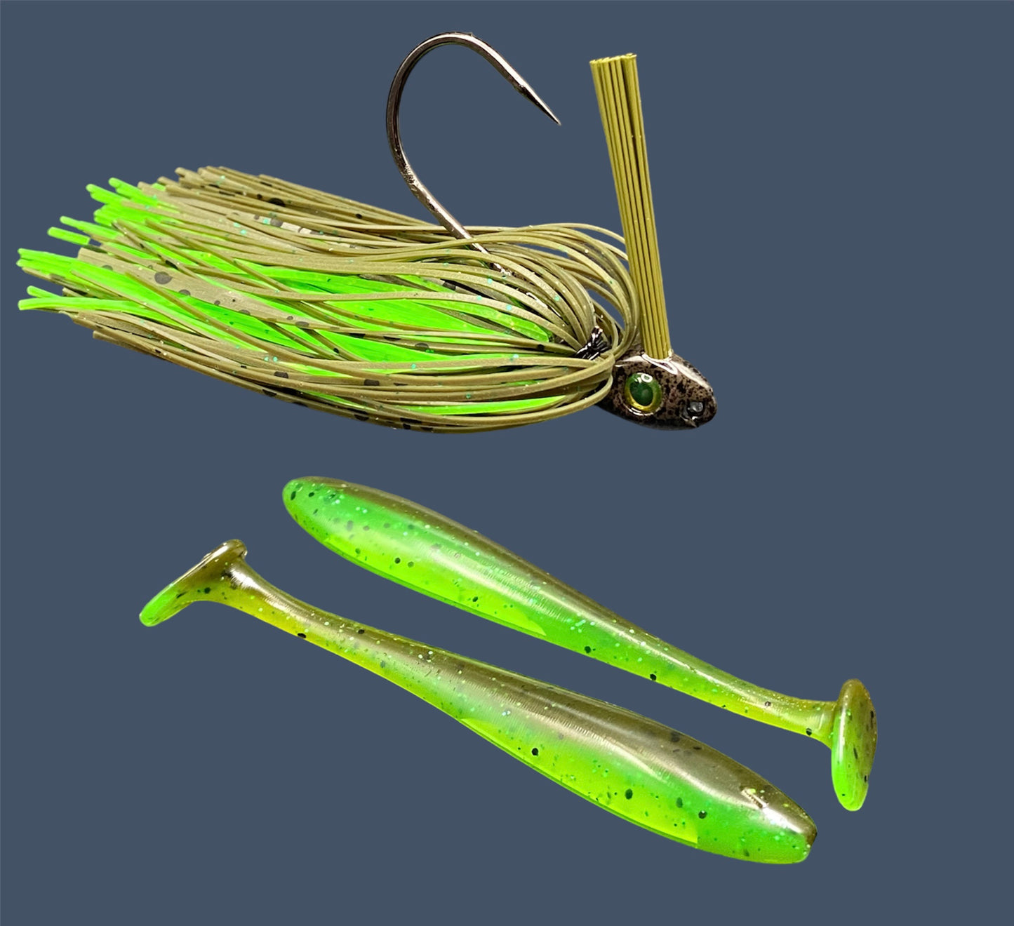 Fishing lure bundle with a high-quality jig and soft plastic bait, perfect for freshwater and saltwater fishing with a variety of soft plastic lures. Shown here in color Envy (Green Pumpkin over Green) is a hand tied Green Pumpkin swim jig paired with Big League Bait Pro Swim (Swim bait style soft plastic lure)