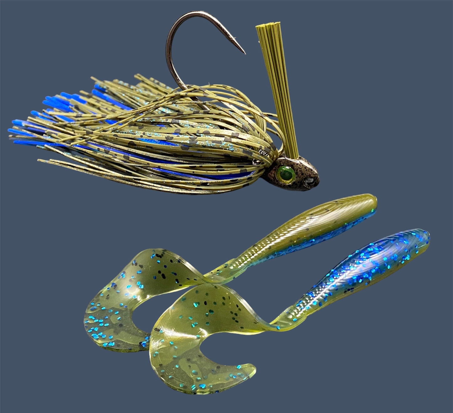 Fishing lure bundle with a high-quality jig and soft plastic bait, perfect for freshwater and saltwater fishing with a variety of soft plastic lures. Shown here in color Big "O" (Green Pumpkin and Blue Flake) is a hand tied Green Pumpkin swim jig paired with Big League Bait Single Tail Grub