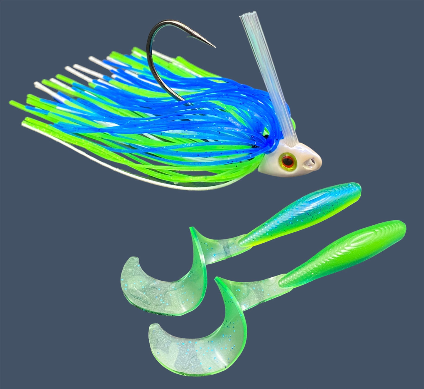 Fishing lure bundle with a high-quality jig and soft plastic bait, perfect for freshwater and saltwater fishing with a variety of soft plastic lures. Shown here in color Blue Chartreuse (Bright Blue and Green) is a hand tied white swim jig paired with Big League Bait Single Tail Grub