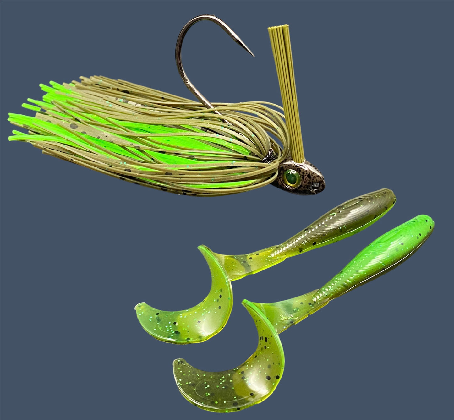 Fishing lure bundle with a high-quality jig and soft plastic bait, perfect for freshwater and saltwater fishing with a variety of soft plastic lures. Shown here in color Envy (Green Pumpkin over Green) is a hand tied Green Pumpkin swim jig paired with Big League Bait Single Tail Grub