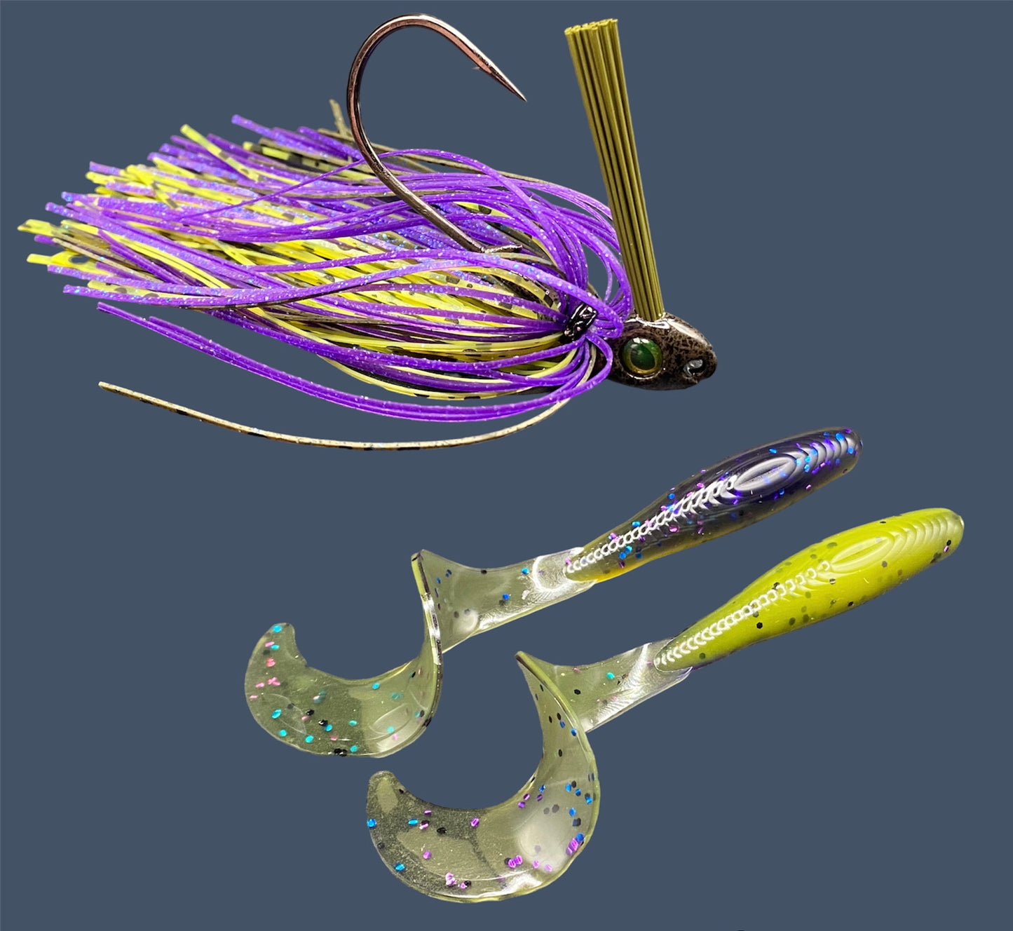 Fishing lure bundle with a high-quality jig and soft plastic bait, perfect for freshwater and saltwater fishing with a variety of soft plastic lures. Shown here in color Luau (Purple over Banana Seed) is a hand tied Green Pumpkin swim jig paired with Big League Bait Single Tail Grub