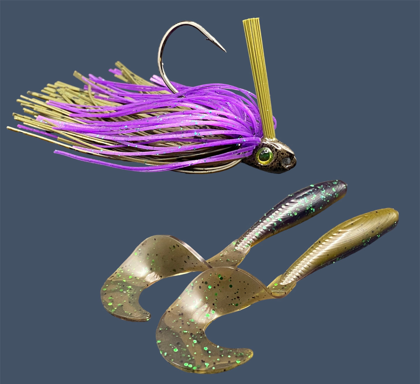 Fishing lure bundle with a high-quality jig and soft plastic bait, perfect for freshwater and saltwater fishing with a variety of soft plastic lures. Shown here in color Swamp Juice (Purple over Green Pumpkin) is a hand tied Green Pumpkin swim jig paired with Big League Bait Single Tail Grub