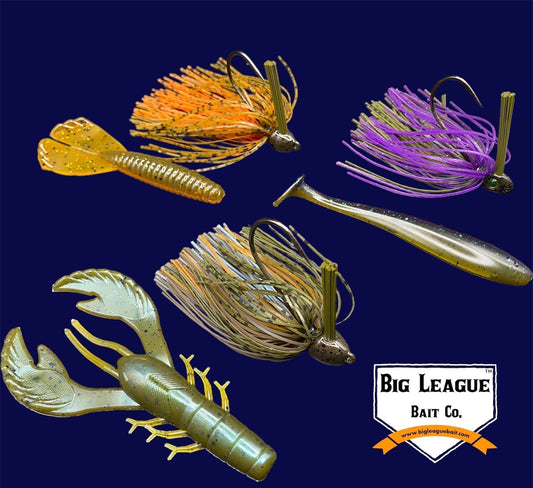 Collection of soft plastic baits including pumpkin spice and magic craw