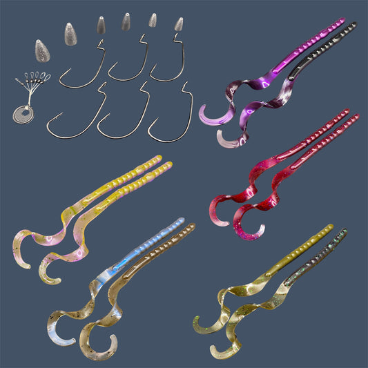 Big Worm Bundle components including Eagle Claw® EWG Hooks Size 5/0, bullet weights (1/8oz, 1/4oz, 1/2oz), weight stops, and five packs of 10" curl tail worms in various colors (Carolina Blues, Plum Silly, Midnight Purple, Swamp Juice, Chameleon)