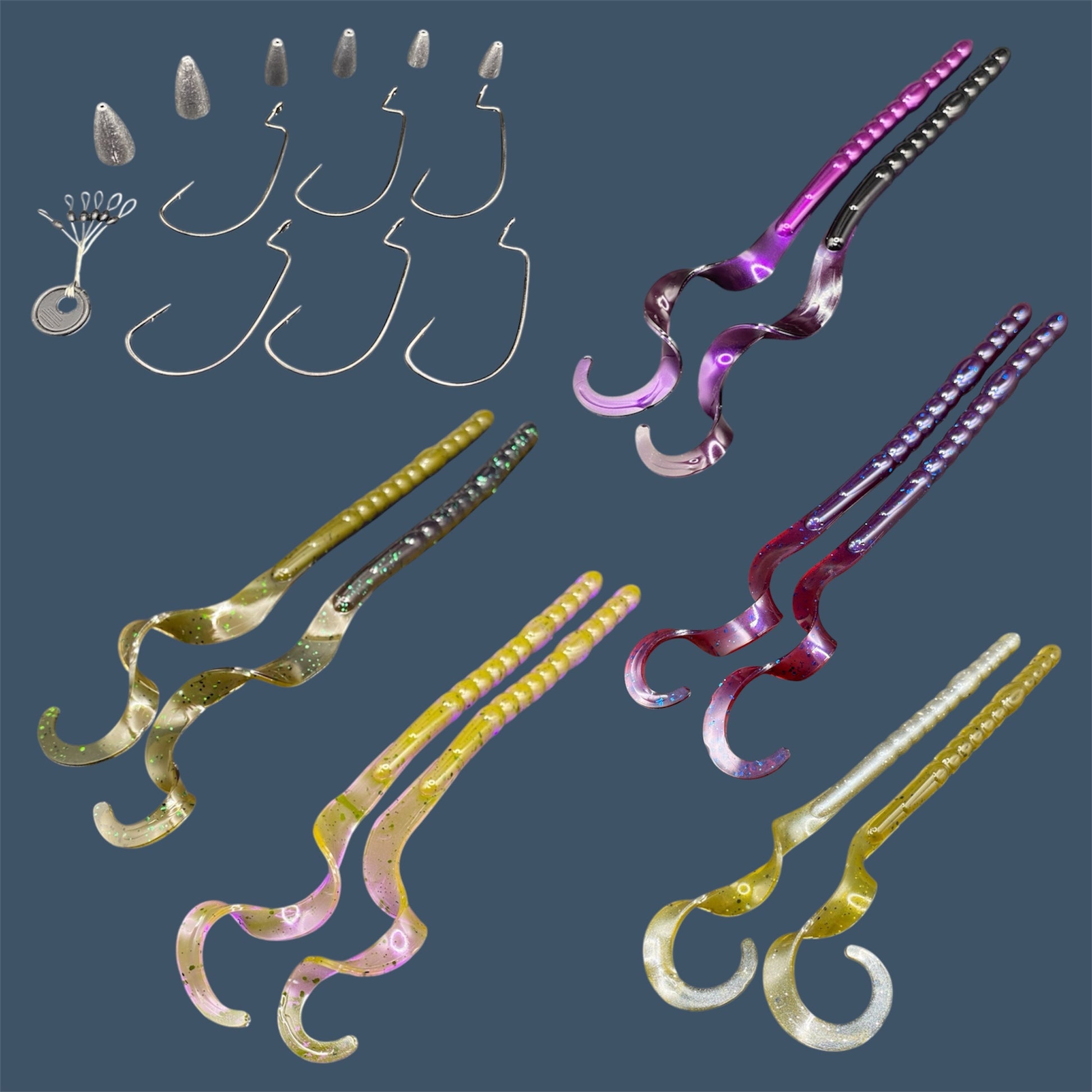 Big Worm Bundle components including Eagle Claw® EWG Hooks Size 5/0, bullet weights (1/8oz, 1/4oz, 1/2oz), weight stops, and five packs of 10" curl tail worms in various colors (GP Flash, Plum Pearl, Midnight Purple, Swamp Juice, Chameleon)