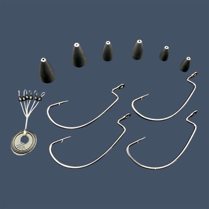 Close-up image of the Texas Rig Kit showing Eagle Claw®️ Size 5/0 EWG Hooks, Bullet Weights in various sizes and Weight Stops