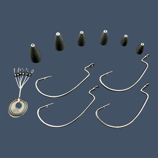 Close-up image of the Texas Rig Kit showing Eagle Claw®️ Size 5/0 EWG Hooks, Bullet Weights in various sizes and Weight Stops
