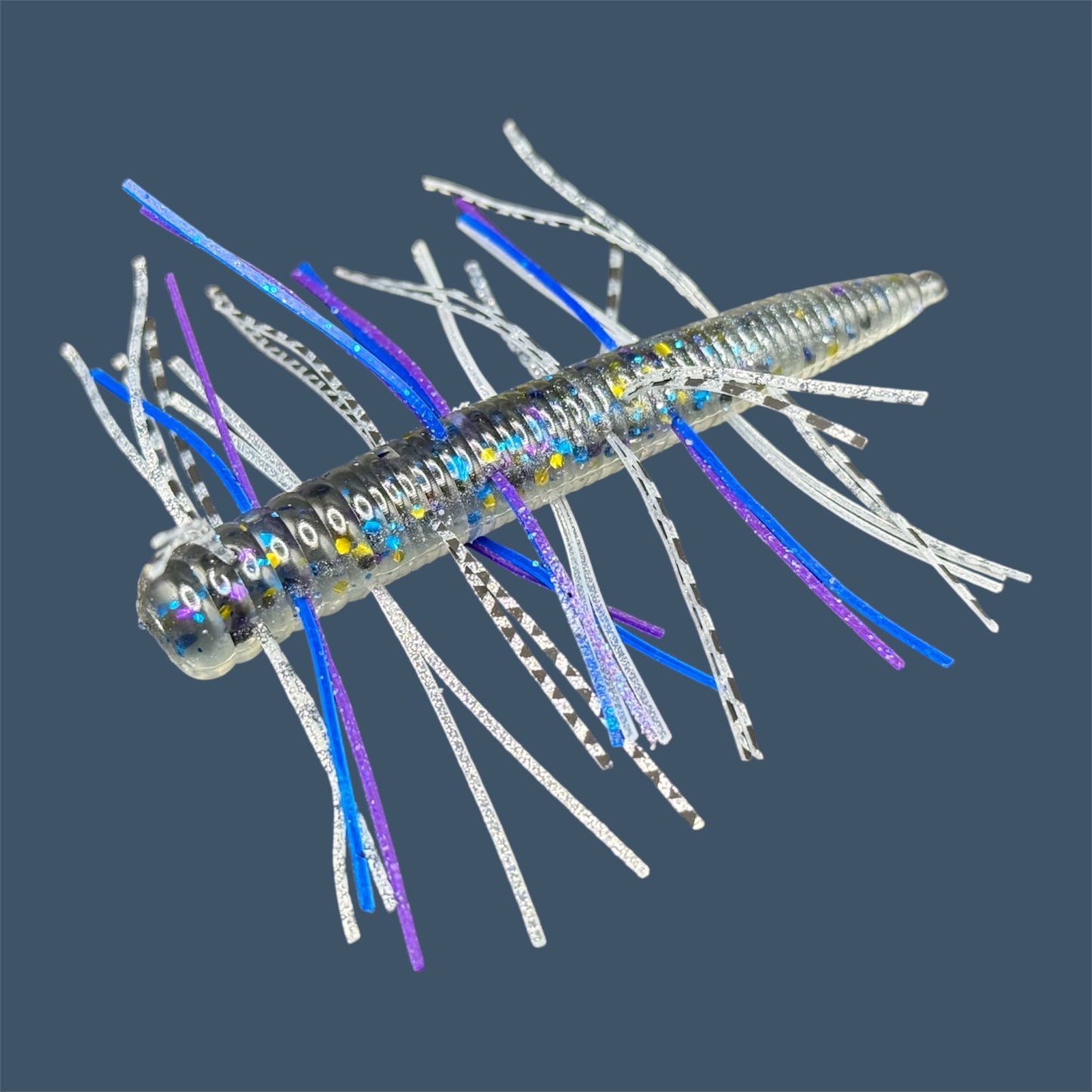Fuzzy N3D (Ned Rig Style Bait) Soft Plastic Bait. Shown in Bait Fish (Fish Scales, Silver, Blue and Purple). Fuzzy Soft Plastic Fishing Lures