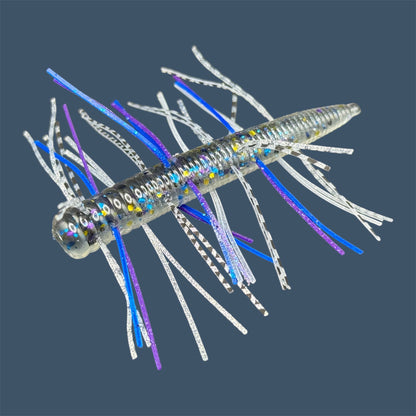 Fuzzy N3D (Ned Rig Style Bait) Soft Plastic Bait. Shown in Bait Fish (Fish Scales, Silver, Blue and Purple). Fuzzy Soft Plastic Fishing Lures