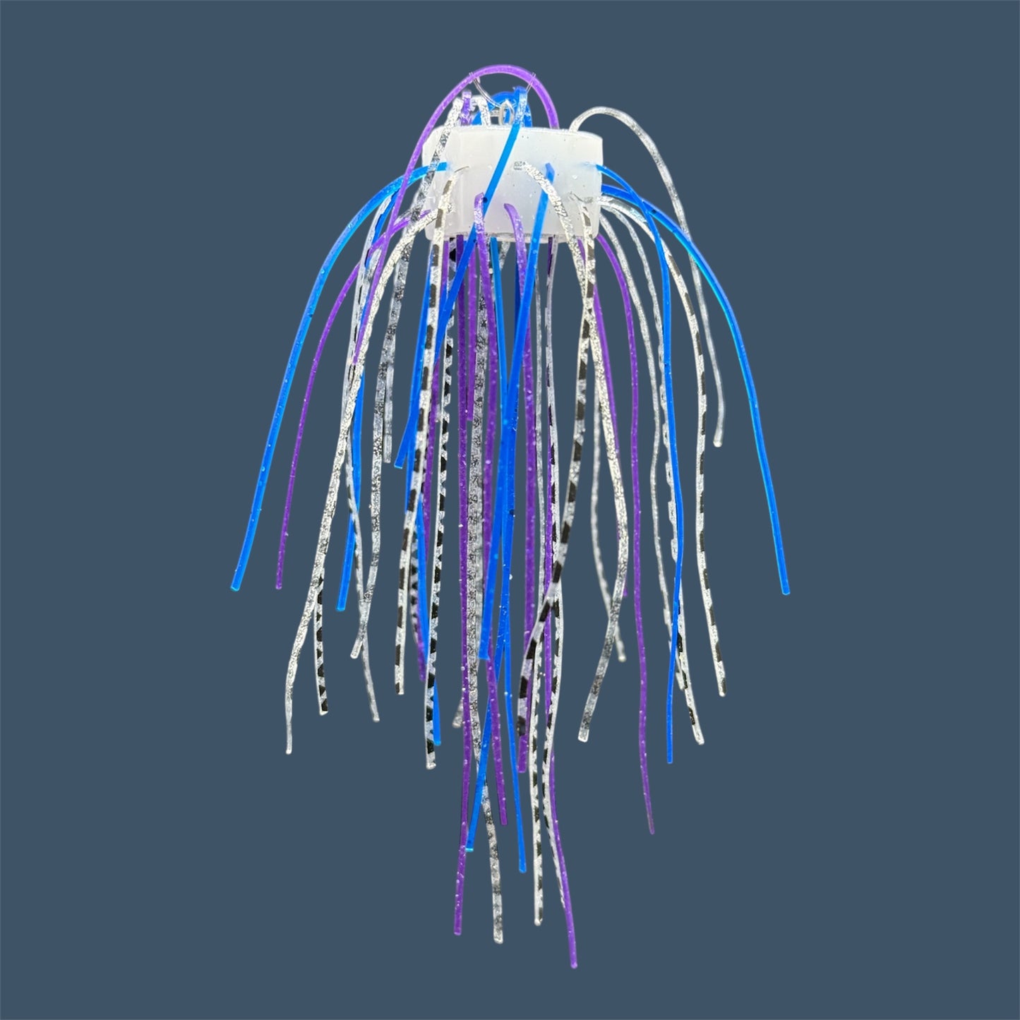 Skirted Cube Fuzzy Dice-style soft plastic bass lure, threaded with lifelike skirt material, perfect for drop shot and wacky rig finesse fishing.Shown in Bait Fish