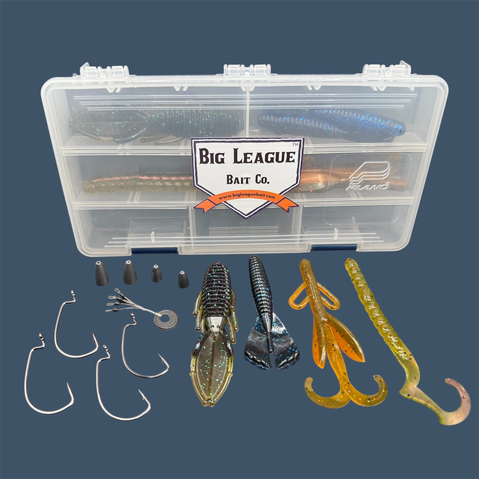 Big League Welcome Kit with soft plastic bass lures and terminal tackle in Plano box. The complete Texas Rig Kit with assorted proven fish catching colors.