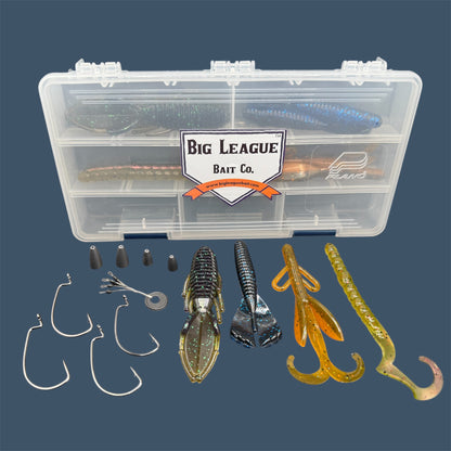 Big League Welcome Kit with soft plastic bass lures and terminal tackle in Plano box. The complete Texas Rig Kit with assorted proven fish catching colors.