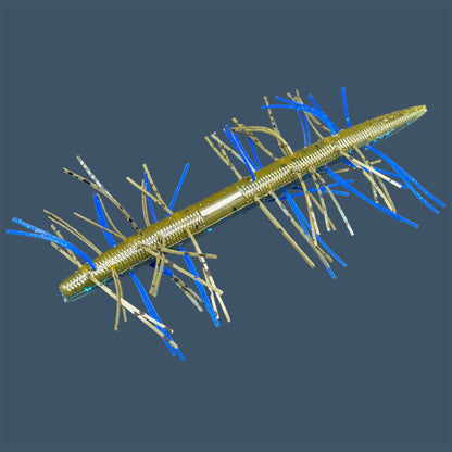 Fuzzy Boomstick Soft Plastic Bait (Stick worm style bait) with embedded skirt material for Fishing. Shown in Big "O" (Blue and green pumpkin) Fuzzy Soft Plastic Lure