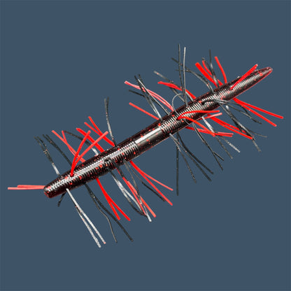 Fuzzy Boomstick Soft Plastic Bait (Stick worm style bait) with embedded skirt material for Fishing. Shown in Black Cherry (Black and Red) Fuzzy Soft Plastic Lure