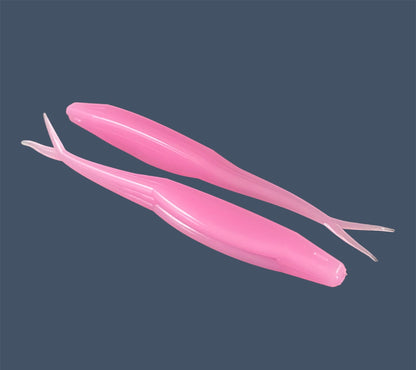 Split Tail Shad soft plastic Fluke style bait with realistic shad appearance, featuring a slotted belly for weedless rigging. Jerkbait in Bubble Gum (Pink) a proven fish-catching color