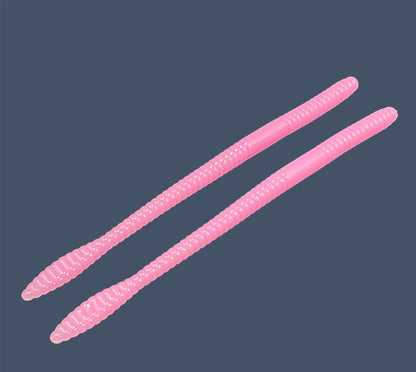 Soft Plastic Trick worm/Straight Tail Worm with flat spade-shaped tail and slender ribbed body. Spade Tail Worm shown in Bubblegum (Pink), a proven fish-catching color