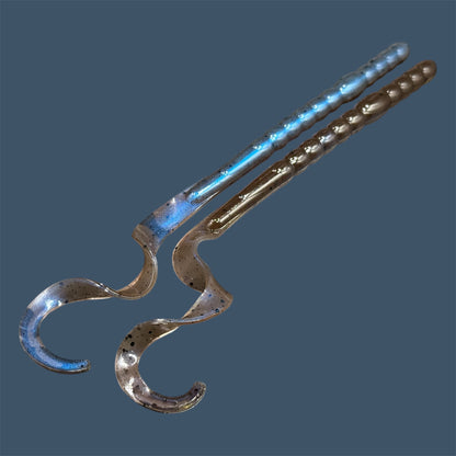 Large curly/ribbon tail worm 10" with a realistic curl tail, ideal for Texas and Carolina rigging. 10" Curl Tail Worm shown in Carolina Blues