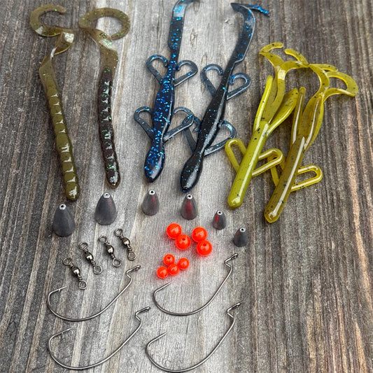 Carolina Rig Bundle for Bass Fishing
Detailed image of the items included int the Carolina rig bundle. Showing the EWG hooks, Bullet weights (various sizes), Barrel Swivels and Fishing beads. Along with soft plastic baits including Curl Tail Worm 7.5, Lizard and Battle Hawg creature bait.
