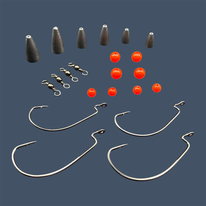 Close-up image of the Carolina Rig Kit showing Eagle Claw®️ Size 3/0 & 4/0 EWG Hooks, Bullet Weights in various sizes, Barrel Swivels and Fishing Beads