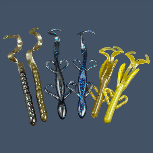 Carolina Rig Bundle for Bass Fishing
Detailed image of the items included int the Carolina rig bundle. Showing the EWG hooks, Bullet weights (various sizes), Barrel Swivels and Fishing beads. Along with soft plastic baits including Curl Tail Worm 7.5, Lizard and Battle Hawg creature bait.