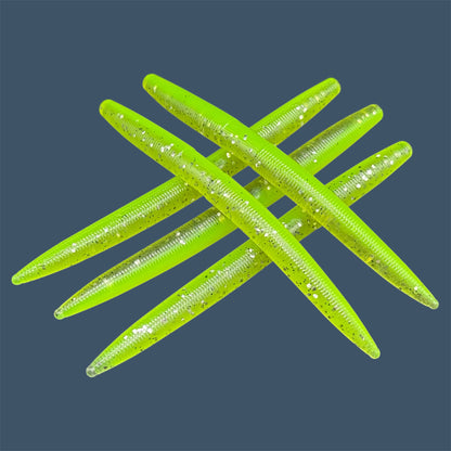 Boomstick is a senko-style stickbait for flipping, skipping, and casting, displayed in Chartreuse Shad for different fishing conditions in freshwater fishing. Great addition to any anglers tackle box