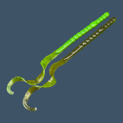 Large curly/ribbon tail worm 10" with a realistic curl tail, ideal for Texas and Carolina rigging. 10" Curl Tail Worm shown in Envy (Green Pumpkin over Green)