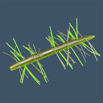 Fuzzy Boomstick Soft Plastic Bait (Stick worm style bait) with embedded skirt material for Fishing. Shown in Envy (Green Pumpkin and Green Chartreuse) Fuzzy Soft Plastic Lure