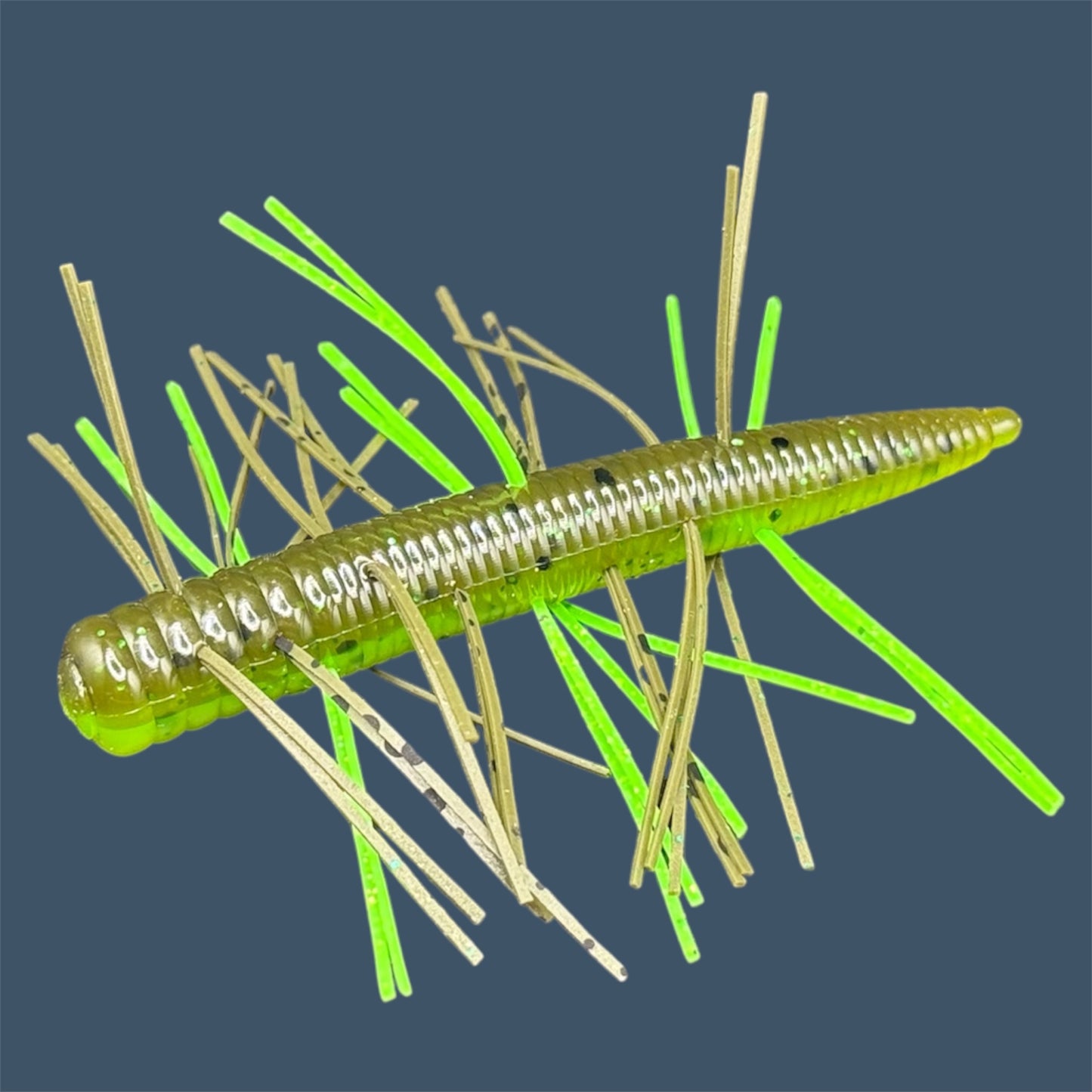 Fuzzy N3D (Ned Rig Style Bait) Soft Plastic Bait. Shown in Envy (Green Pumpkin and Green Chartreuse). Fuzzy Soft Plastic Fishing Lures