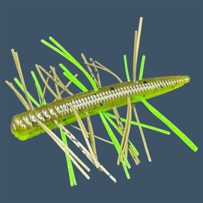 Fuzzy N3D (Ned Rig Style Bait) Soft Plastic Bait. Shown in Envy (Green Pumpkin and Green Chartreuse). Fuzzy Soft Plastic Fishing Lures