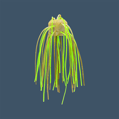 Skirted Cube Fuzzy Dice-style soft plastic bass lure, threaded with lifelike skirt material, perfect for drop shot and wacky rig finesse fishing. Shown in Envy (Green Pumpkin and Green)