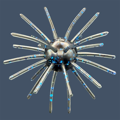 Oddball 2.5-inch urchin style bass fishing bait with 28 appendages. Shown in color Black & Blue