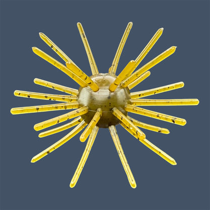 Oddball 2.5-inch urchin style bass fishing bait with 28 appendages. Shown in color Green Pumpkin