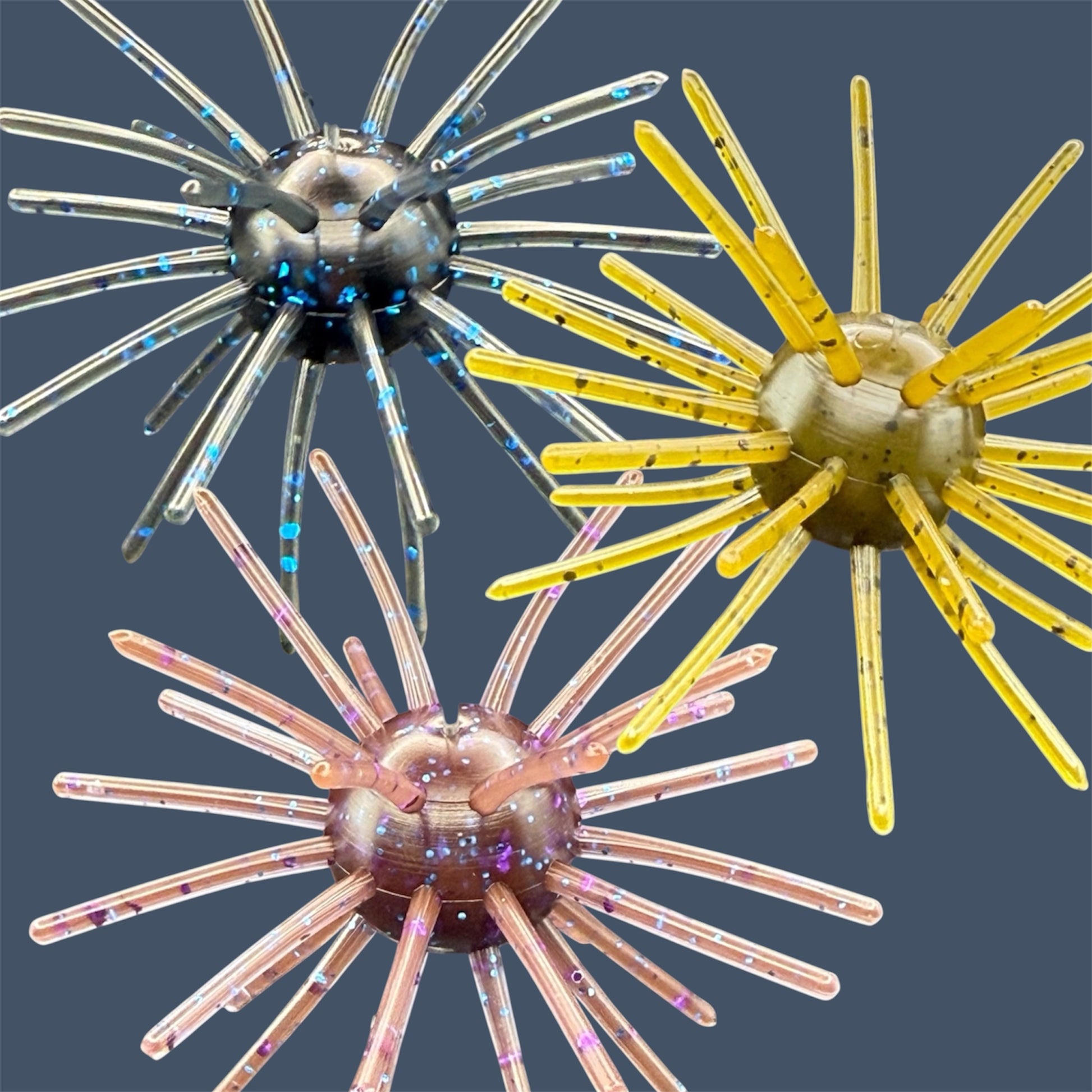 Oddball 2.5-inch urchin style bass fishing bait with 28 appendages. 
